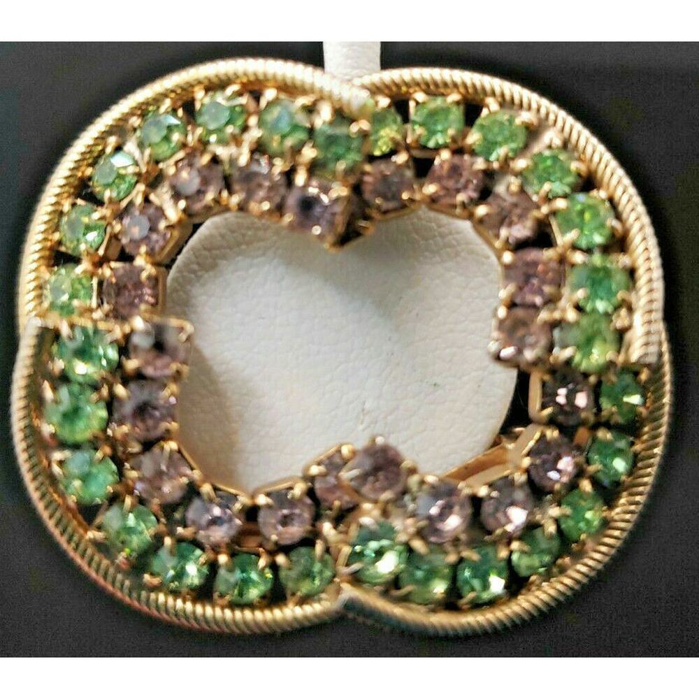 Vintage Gold Tone Purple & GreenRhinestone Round Brooch Pin Jewelry